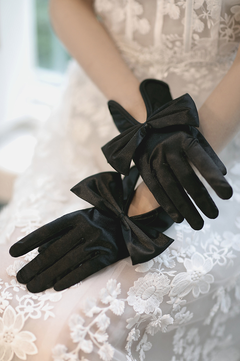 婚纱手套新娘短款色丁弹力包边复古大蝴蝶结婚礼结婚拍照缎面手套