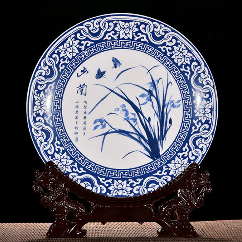 青花瓷梅兰竹菊纪念盘摆件 中式装饰赏盘 骨瓷盘工艺品摆件