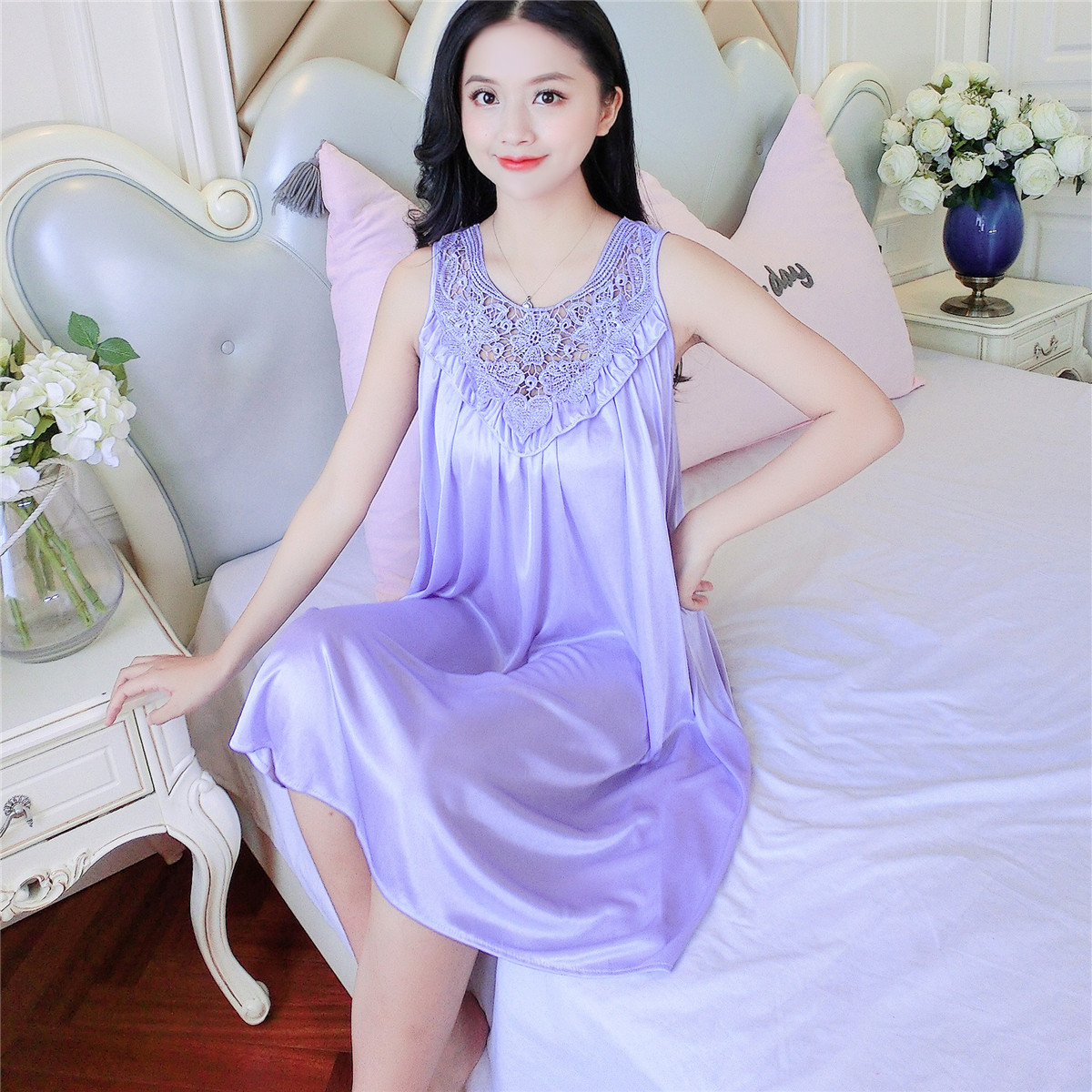 冰丝睡裙女蕾丝真丝睡衣夏丝绸性感吊带裙薄大码家居服