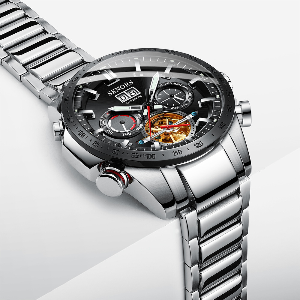 赛娜斯senors爆款不锈钢全自动机械表陀飞轮防水男士腕表sn200