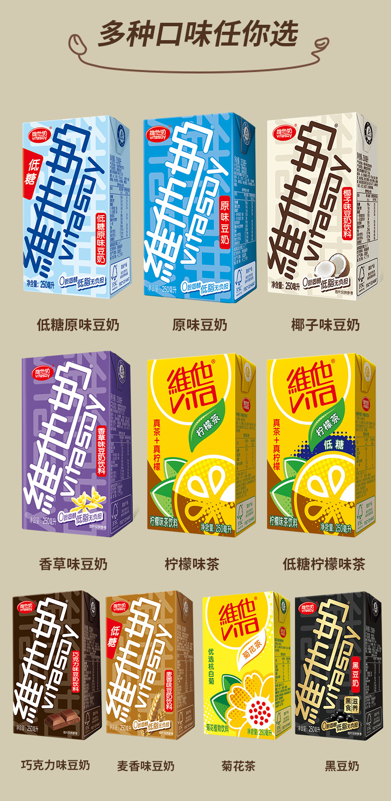 维他奶原味巧克力豆奶柠檬茶多口味早餐奶牛奶整箱饮料6盒装饮品