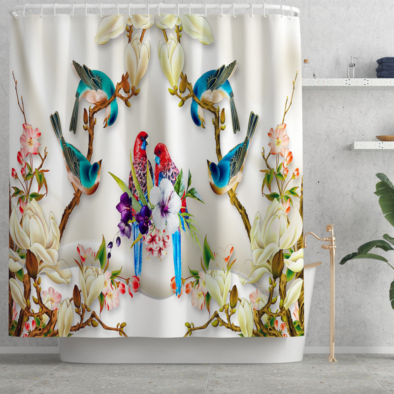 New Field Flower-Bird Print Waterproof Shower Curtain Carpet Four-Piece Set Toilet Mat Set Cross-Border AliExpress Hot Sale