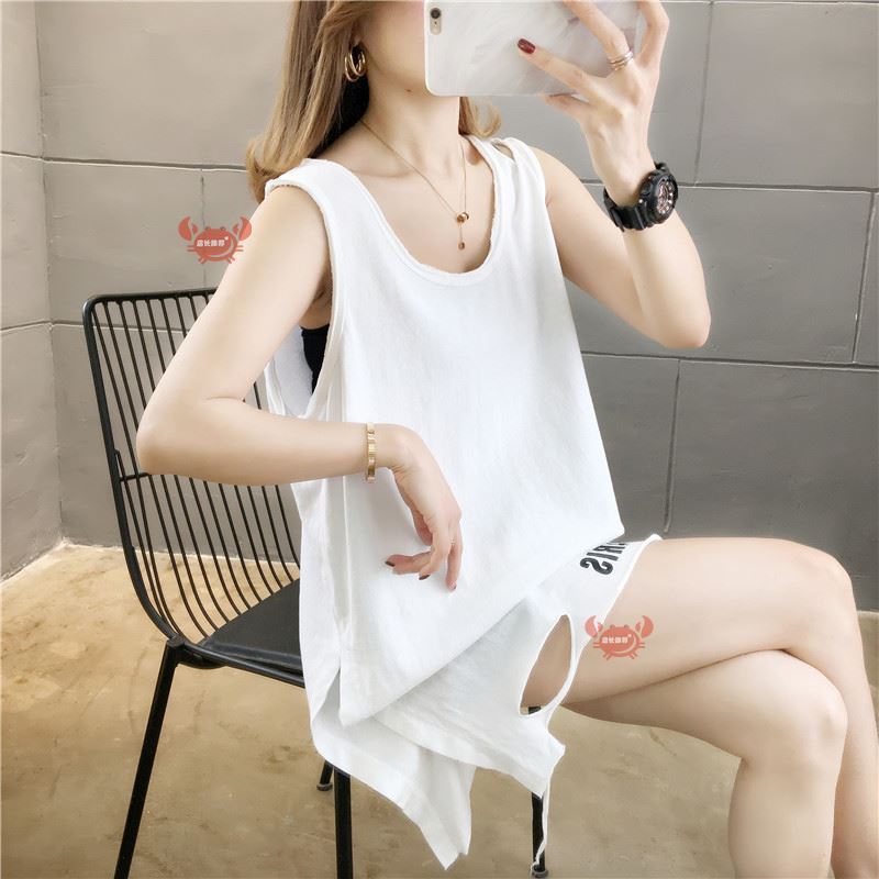 卫衣打底白t女背心内搭卫衣伴侣无袖打底神器包臀破洞露白边大码