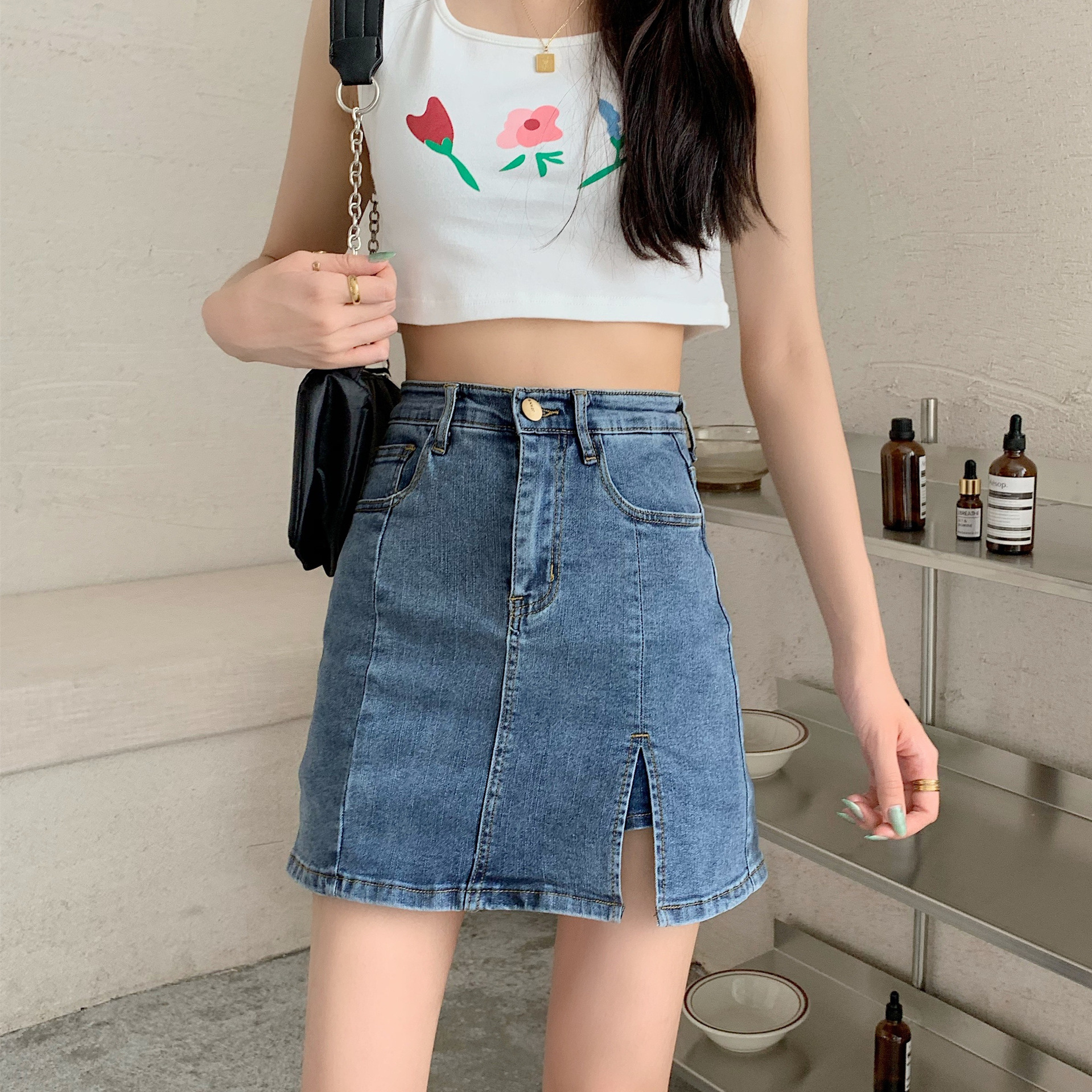 l  High Waist A- line Split Denim Summer New Skirt Women's Korean-Style Elegant Slimming Casual Simple Sheath Skirt