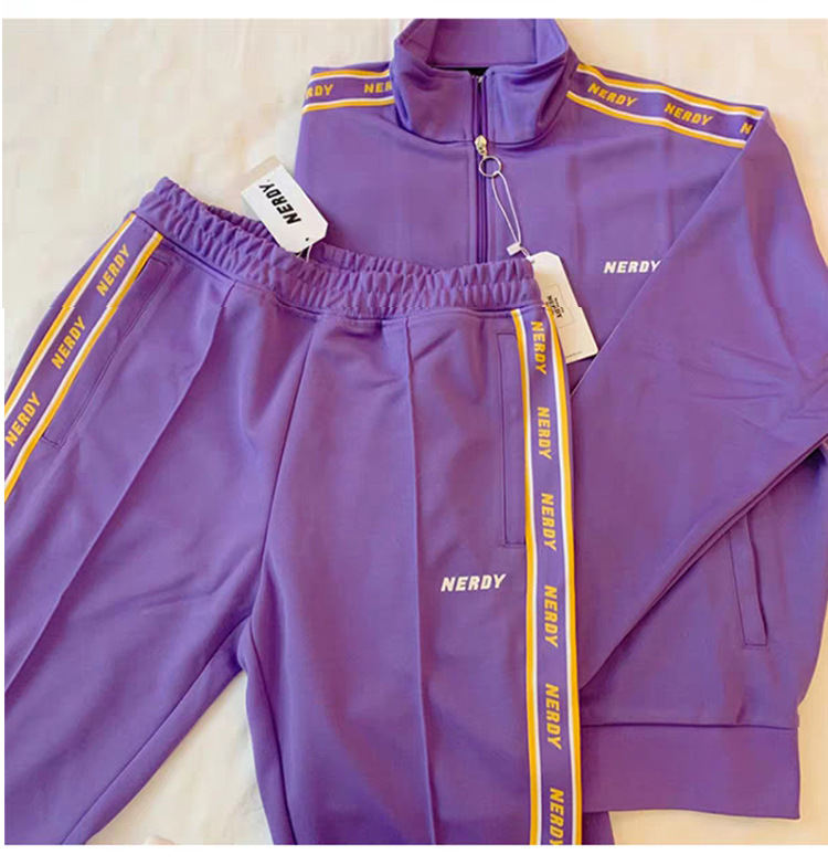 iu李智恩同款韩国紫色运动服外套裤子nerdy学生套装女休闲两件套