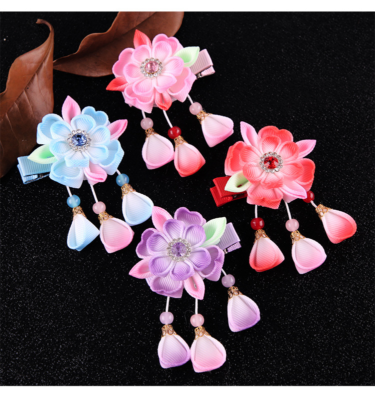 古风手工制作儿童汉服发饰 仙气碎钻布艺bb夹花朵长飘带珍珠发夹