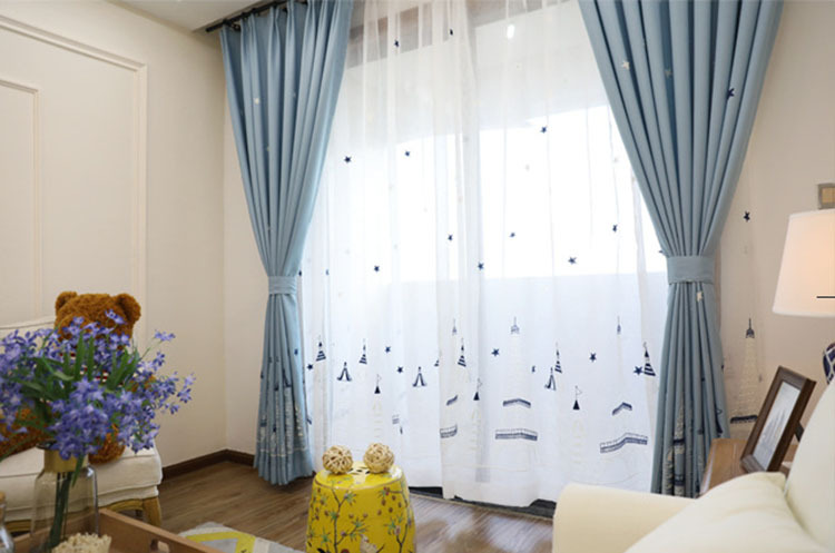 厂家直销 兰色城堡丝绒麻绣花 韩式卡通儿童卧室书房遮光窗帘窗纱