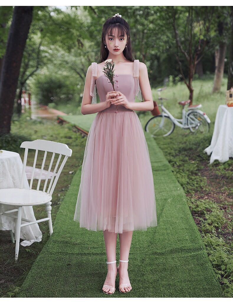 伴娘服粉色中长款2020年新款秋款伴娘团礼服女仙气质显瘦平时可穿