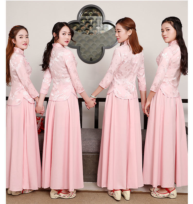 古装衣服中式伴娘服复古民国风女装粉色闺蜜套装礼服2019秋冬新款