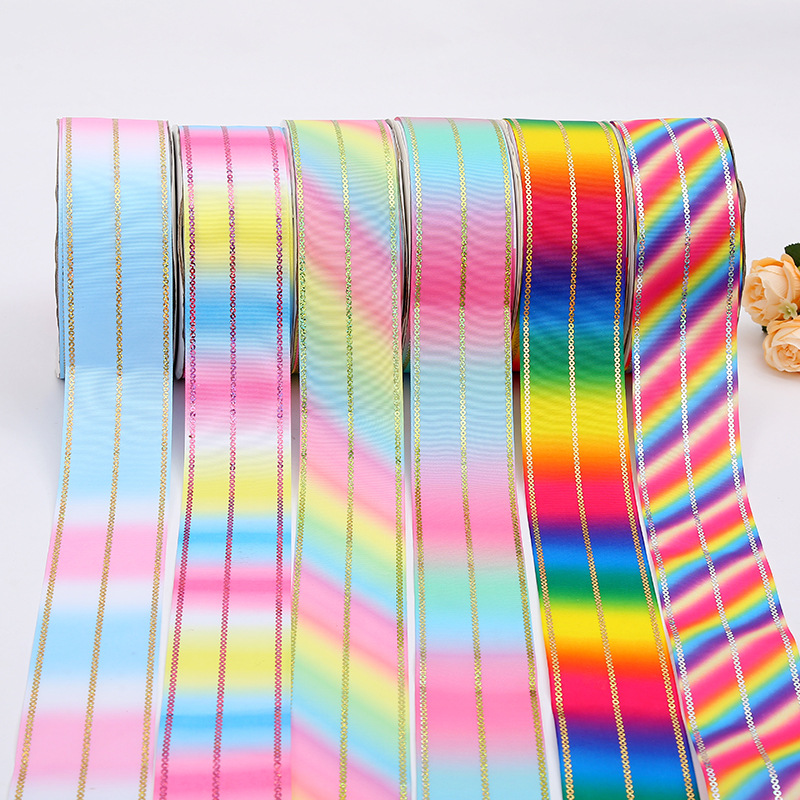 Korean Style 7.5cm Sequined Rainbow Ribbon Dacron Ribbon Printed Colorful Printed Ribbon Children's Clothing Wholesale