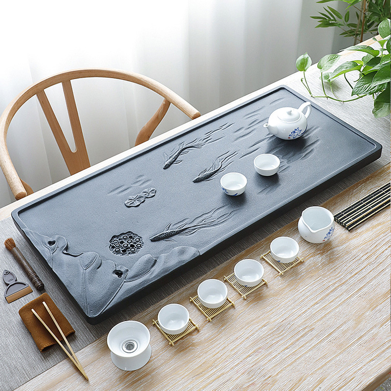 乌金石茶盘浮雕天然石材茶台整块石头茶海托盘简约家用功夫茶具