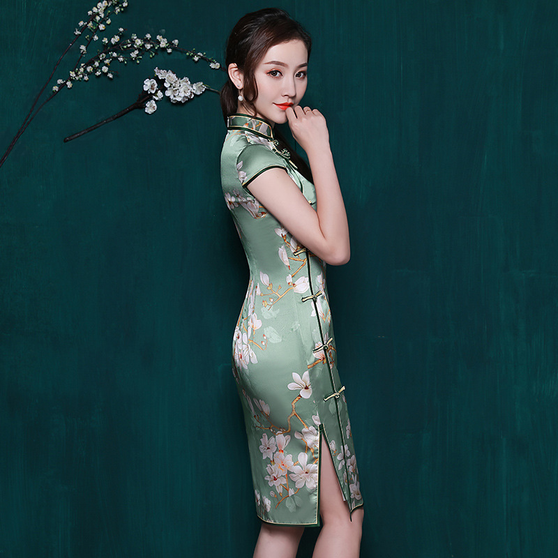 【批发】【清仓】19姆米桑蚕丝旗袍中款双层真丝侧八扣旗袍