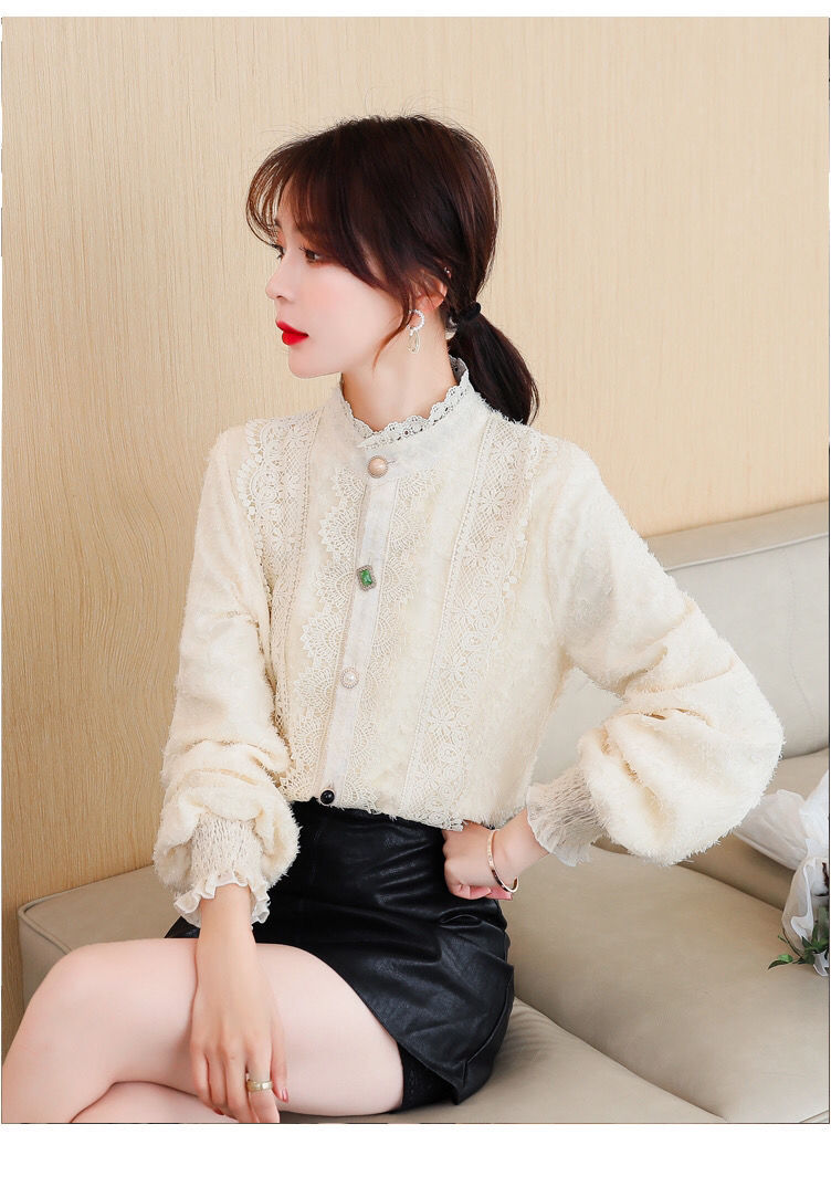 加绒衬衫女秋冬款2020新款加厚保暖蕾丝花边打底上衣立领内搭衬衣