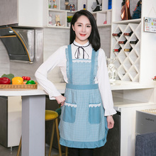 夏季薄款韩版格子围裙女时尚家用厨房可爱花边日系涤棉布做饭围裙