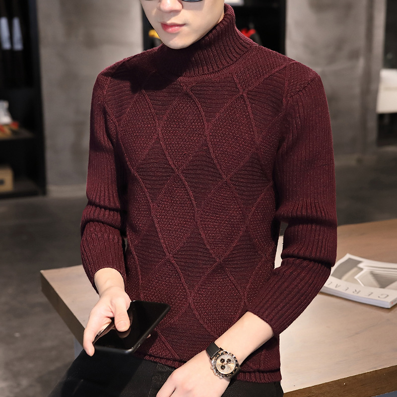 男士高领毛衣秋季新款韩版潮流青年男休闲菱形编织保暖针织衫上衣