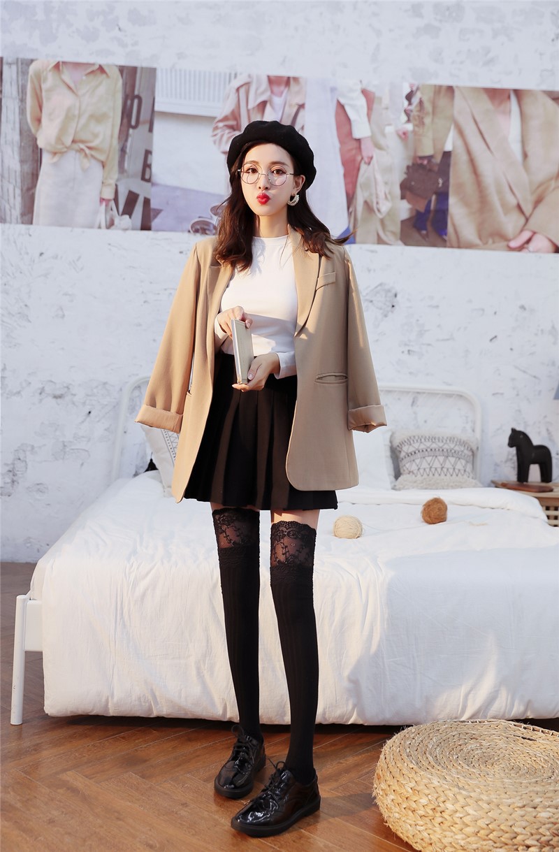 春秋日系棉白色长筒袜性感蕾丝花边纯色过膝袜显瘦大腿袜女丝袜子