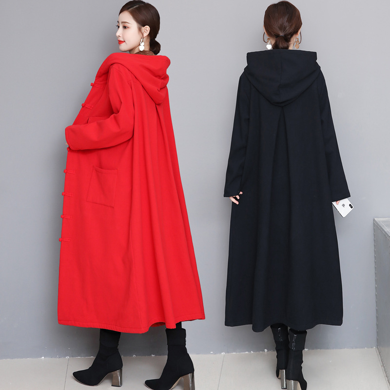 实拍【可穿200斤】秋冬民族风棉麻加绒加厚长款过膝斗篷风衣外套