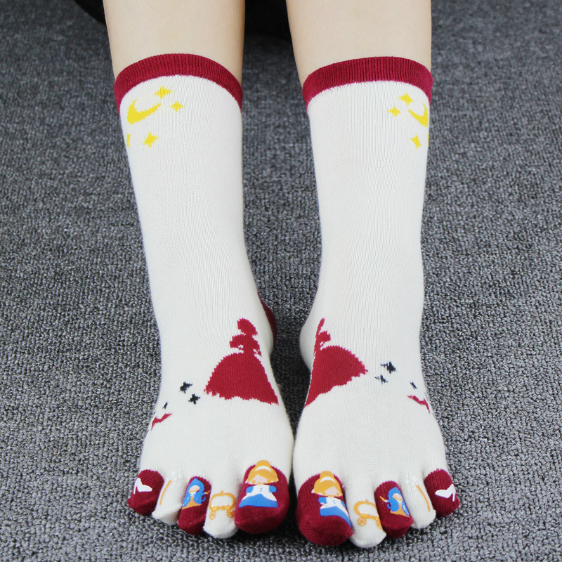 五指袜女纯棉脚趾中筒分趾秋冬长袜可爱卡通四季长筒袜子潮棉袜