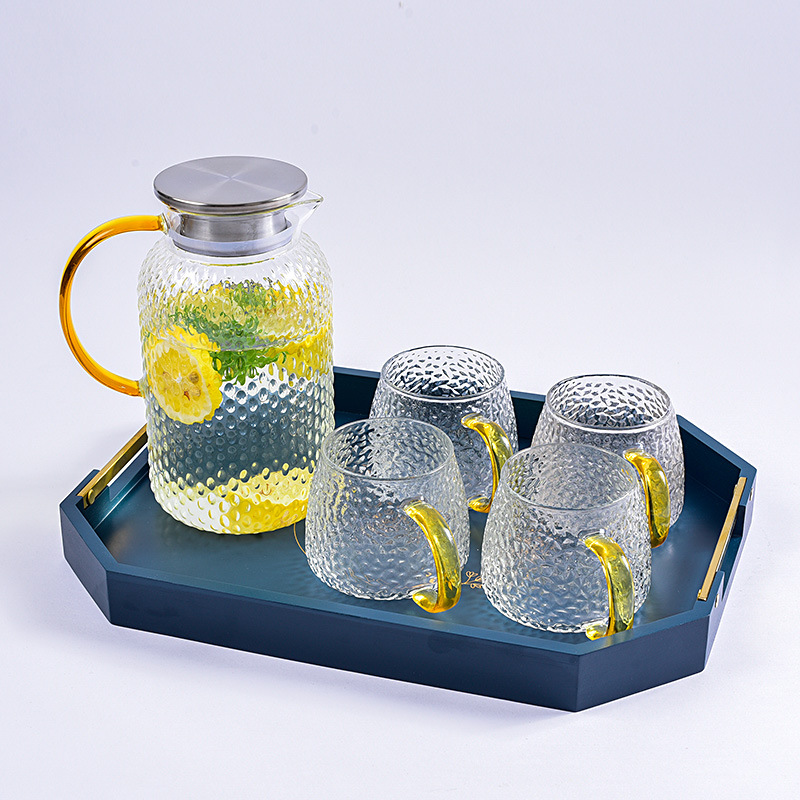 One Pot Two Cups Four-Cup Glass Hammer Pattern Water Bottle Water Cup Cup Holder Tray Set