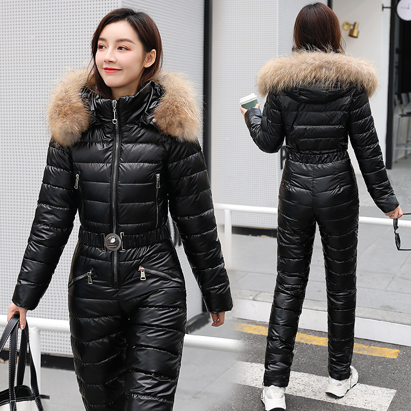 新款连帽带大毛领保暖棉服套装棉衣棉裤连体衣滑雪服