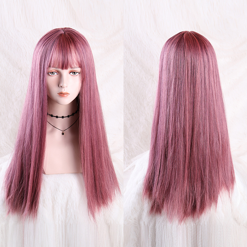 网红假发女长发深粉色空气刘海lolita日常修脸直发自然全头套式