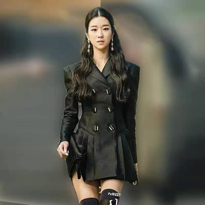 韩星徐睿知同款20秋季新款女装 西装领长袖双排扣收腰压褶连衣裙