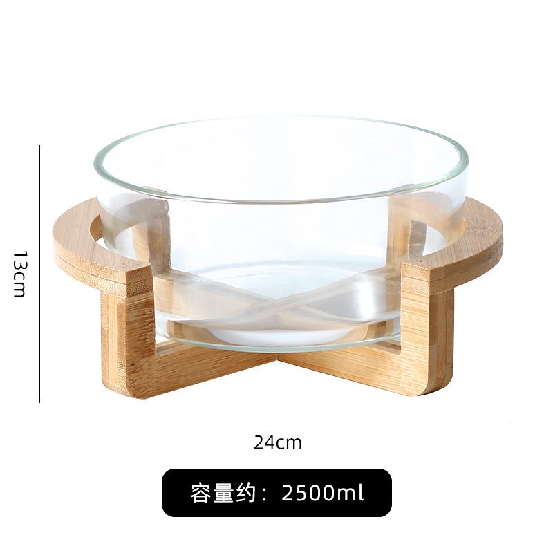 Simple Bamboo Base Glass Fruit Plate Living Room Snack Tray Household Fruit Bowl Salad Bowl Restaurant Buffet Bowl