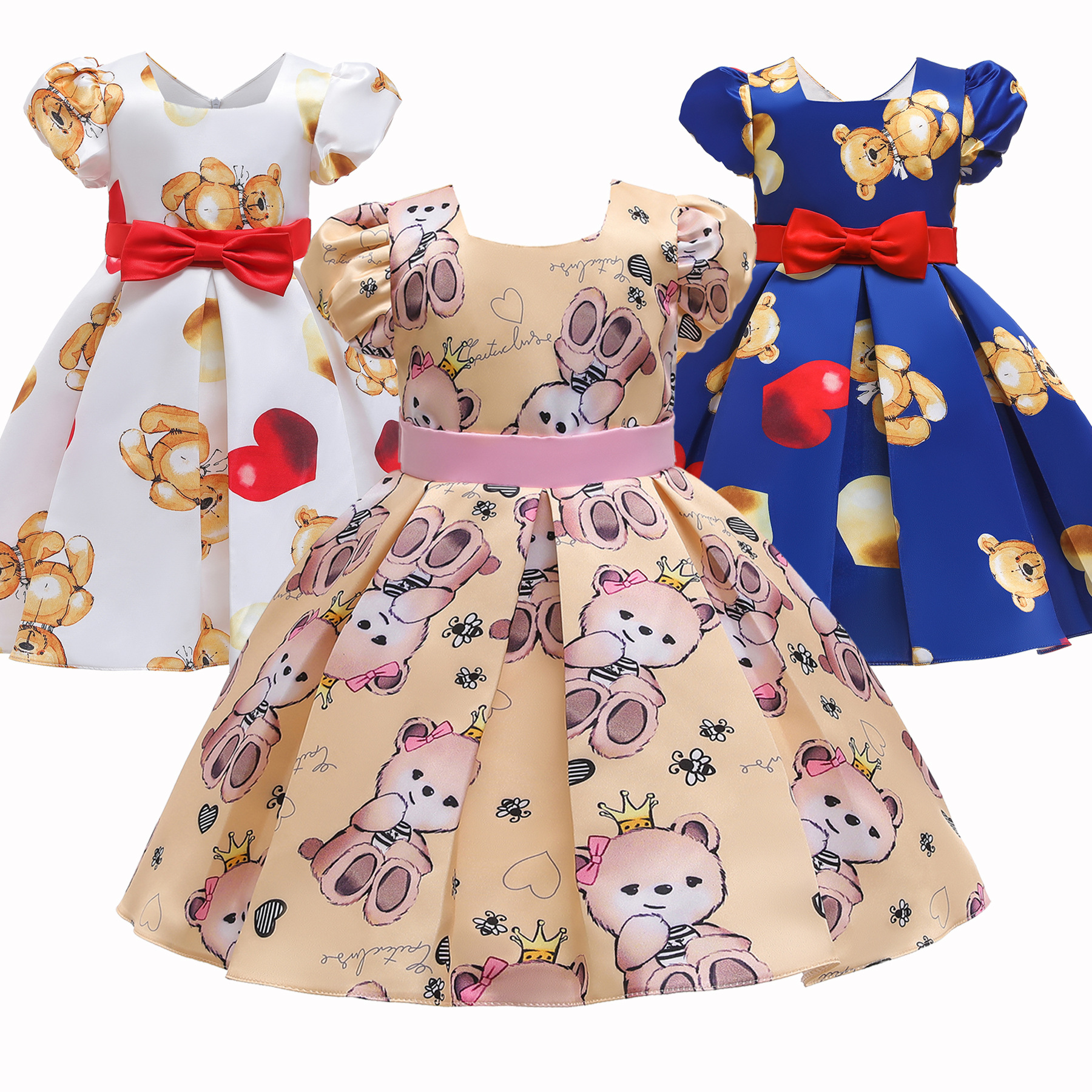 跨境女童连衣裙新款儿童生日童裙泡泡袖小熊爱心印花公主裙礼服裙