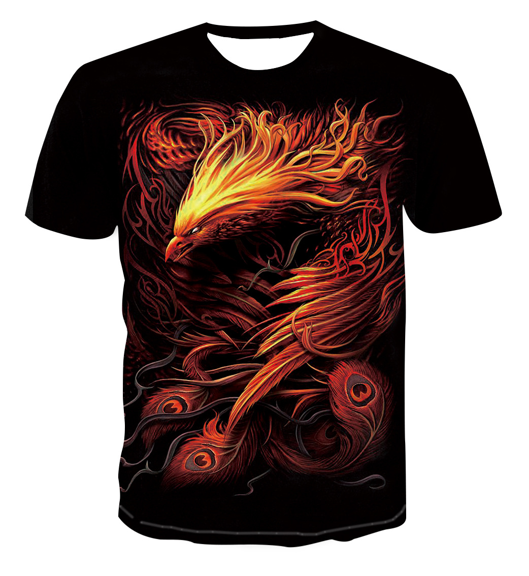 亚马逊 跨境新款t恤数码印花火凤凰男士t恤情侣短袖上衣 源头厂家