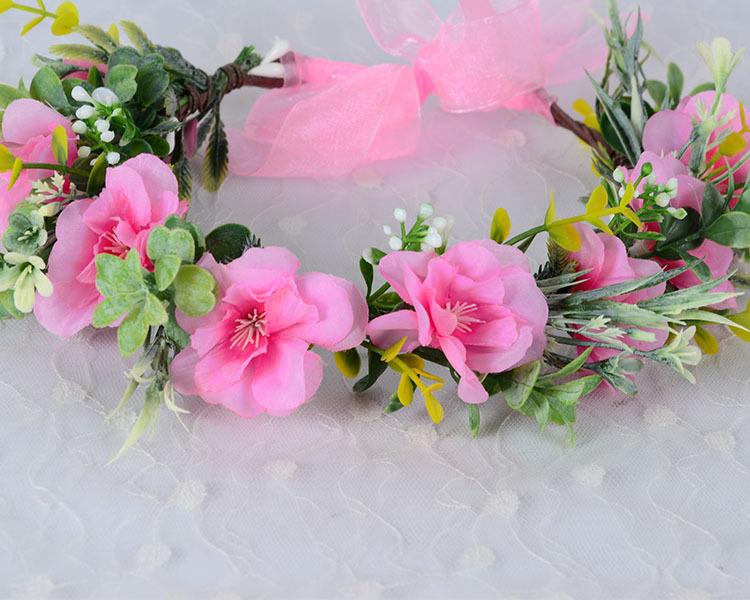 厂家直销创意款婚礼发带手工布艺桃花花冠景区仙美新娘花环头饰女