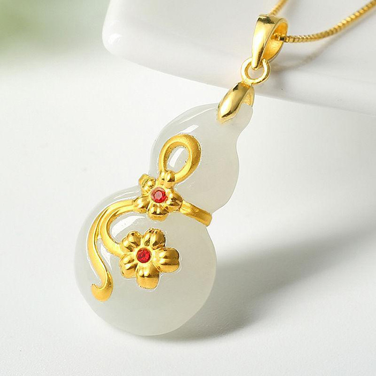 黄金镶玉吊坠和田玉镶金吊坠转运竹节吊坠钱袋爱心玉坠子玉佩女士