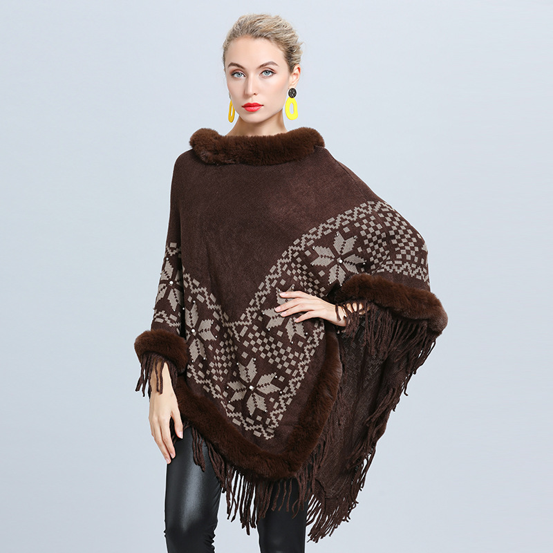 1643# Autumn and Winter Socialite Flower Jacquard Fur Collar Women's Knitted Coat Warm Tassel Female Shawl Cape