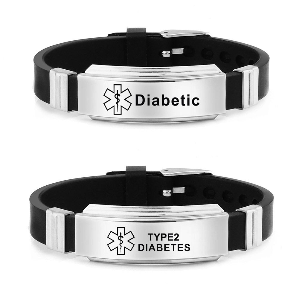 Black Silicone Bracelet Sugar Disease Bracelet Stainless Steel Star of Life Medical Logo Diabetic Silicone Bracelet