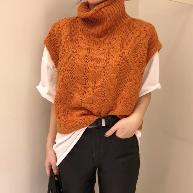 2020秋冬韩版chic风高领宽松麻花针织衫套头无袖背心马甲毛衣女