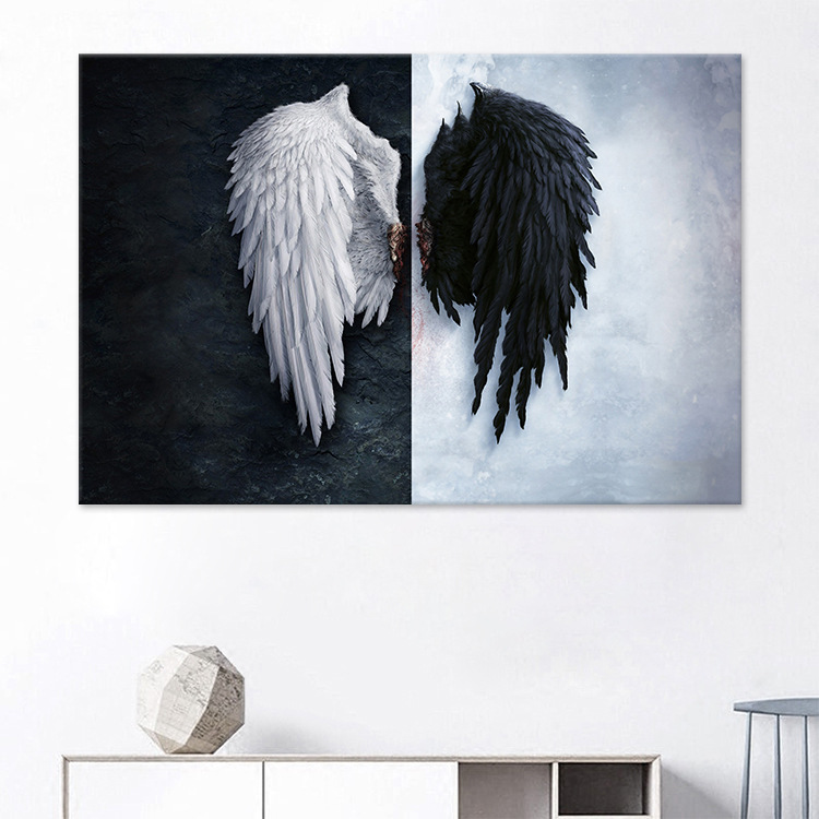 黑白天使翅膀家居装饰画 玄关客厅背景墙挂画无框画芯帆布画