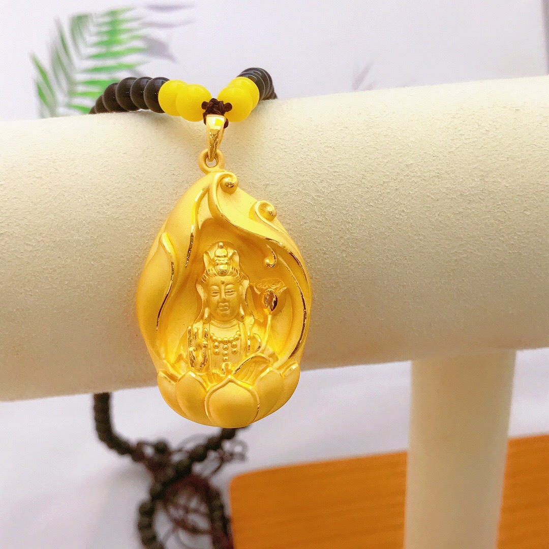 3d硬金观音吊坠男足金999精品24k黄金观音项链