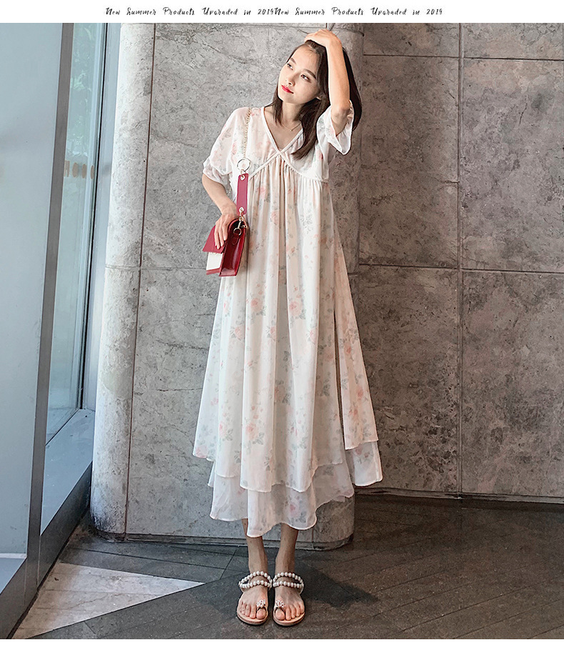 夏装连衣裙长款过膝仙女超仙宽松时尚款印花夏天雪纺裙子孕妇潮妈