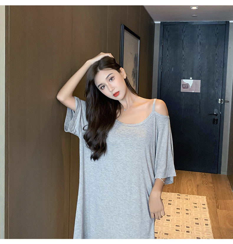 莫代尔t恤女夏季2020新款韩版宽松露肩性感一字肩黑色短袖中长款
