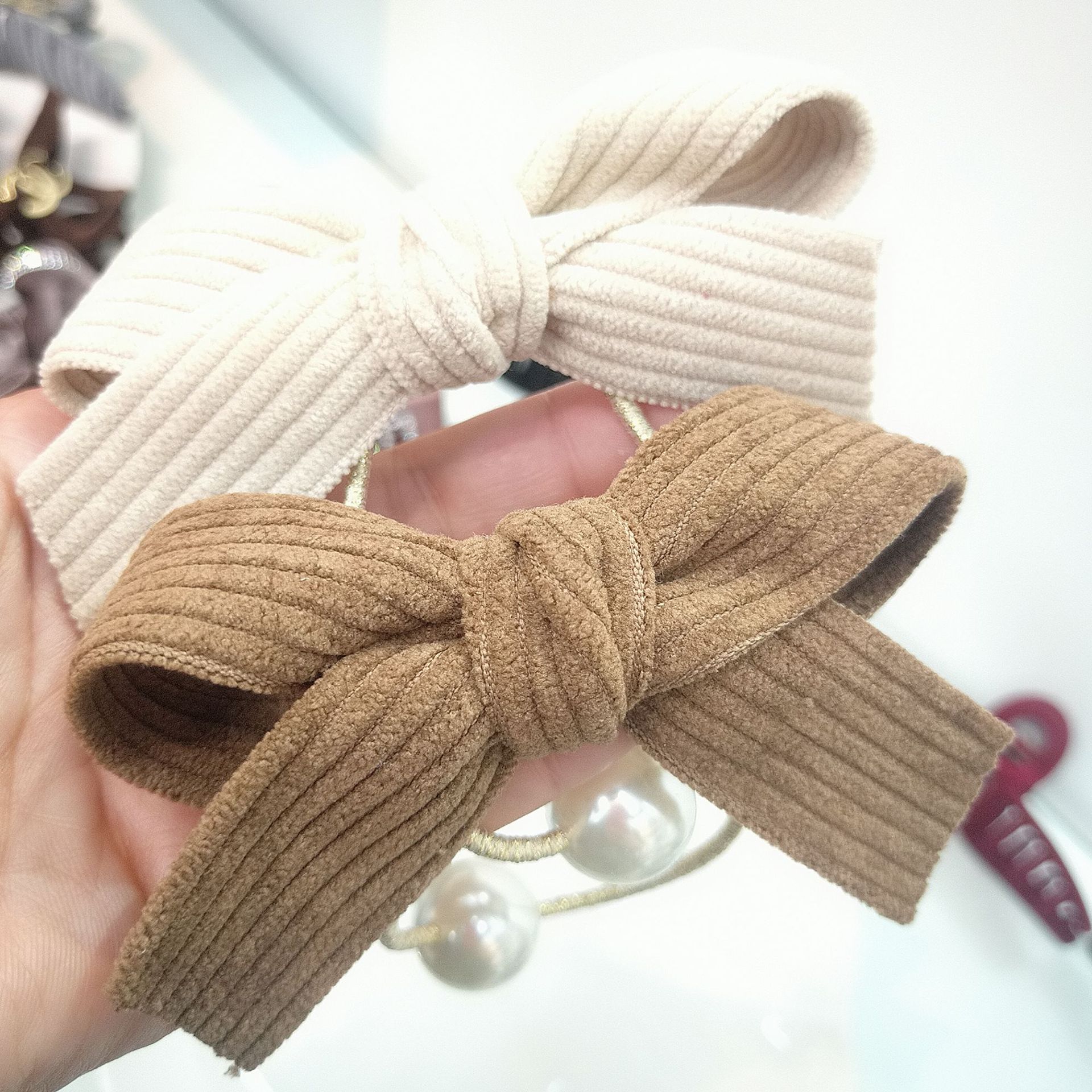 韩国布艺蝴蝶结发绳珍珠金葱亮丝细头绳日系领结发圈简约吴向东