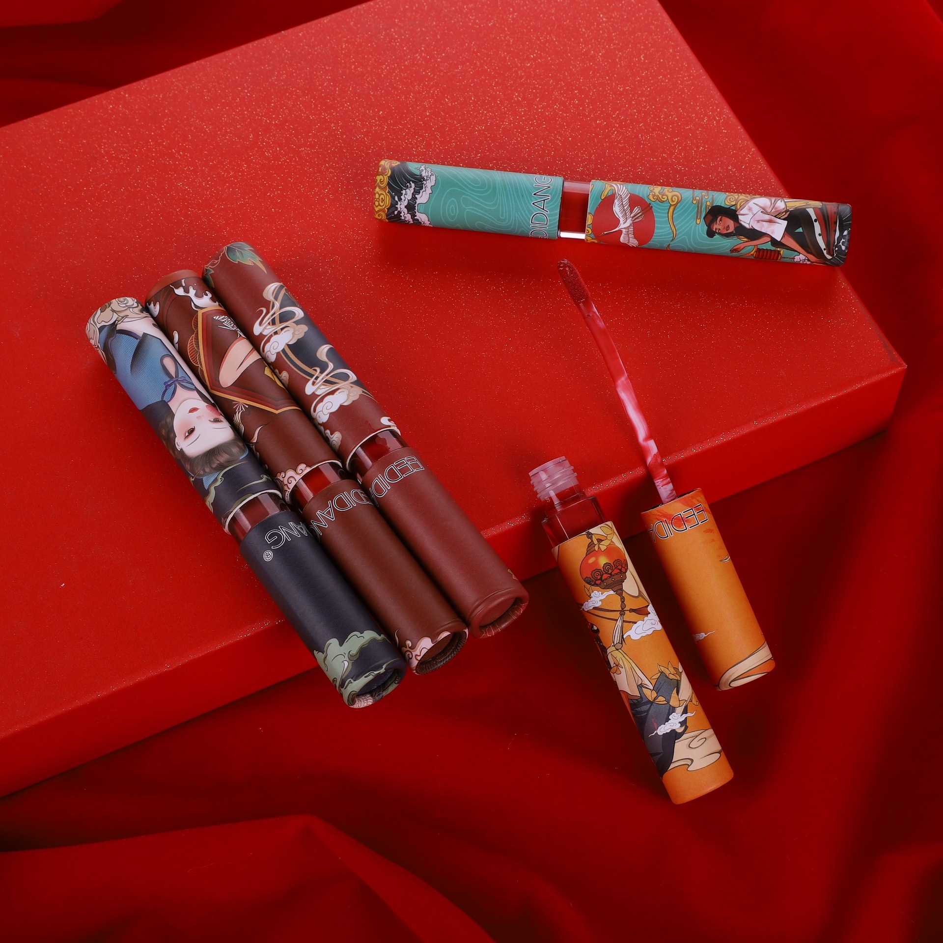 青年国潮中国风口红套装5支装唇釉学生不掉色不沾杯哑光雾面唇釉