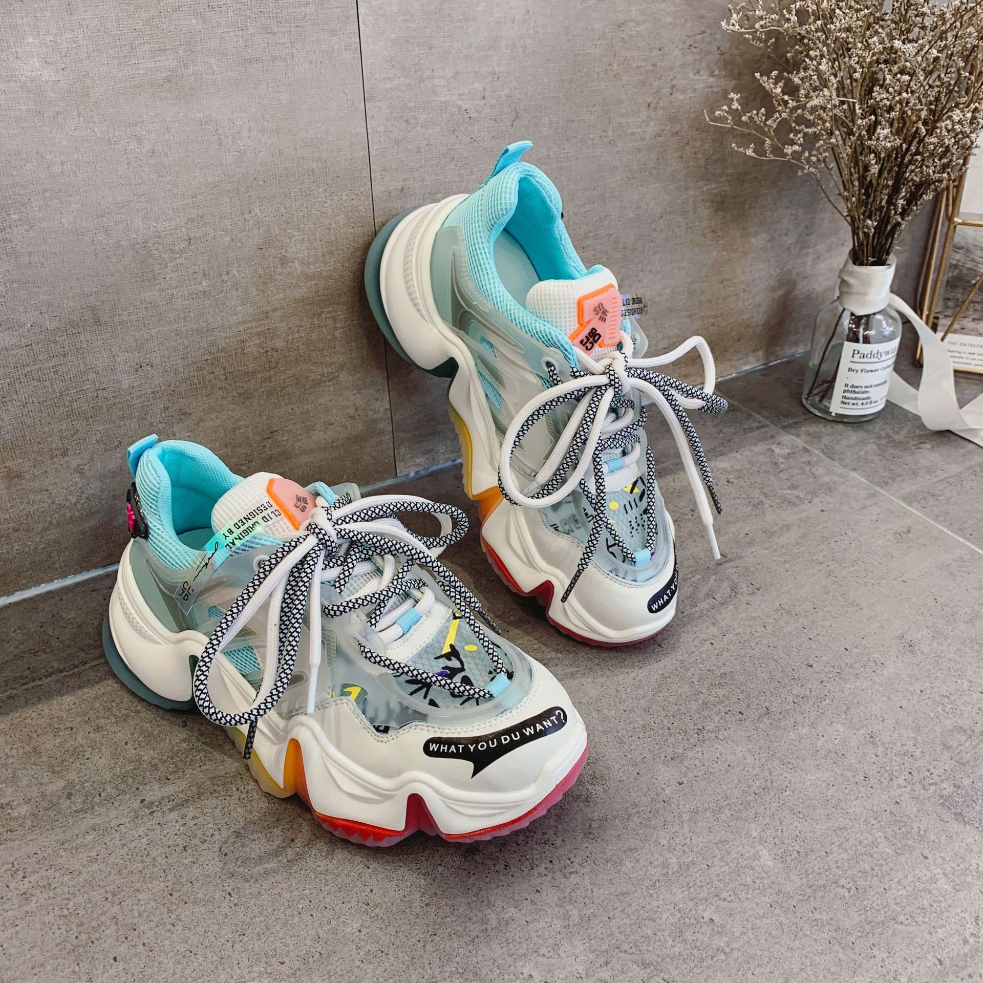 2022夏季新款网面休闲鞋女鞋厚底彩虹底老爹鞋女透气运动鞋女厂家