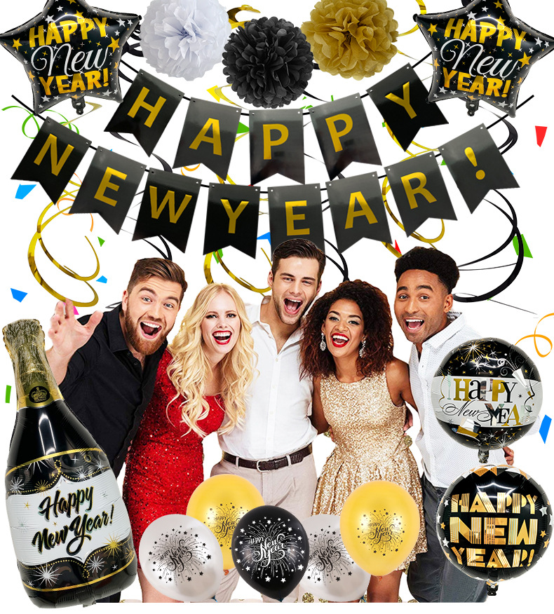 新年气球饰景气球场景派对装饰布置happynewyear圆形乳胶铝膜气球