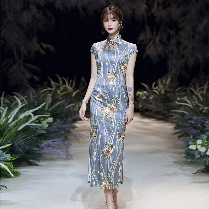 2020春夏新款旗袍复古修身时尚日常改良长款丝绸旗袍连衣裙批发