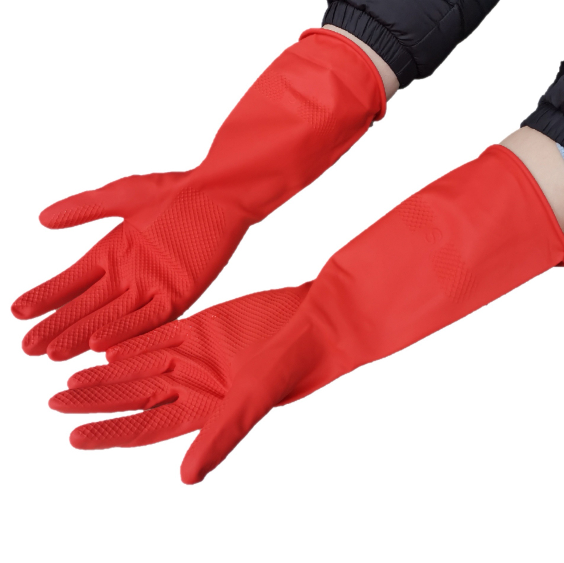 红色精品鸿宝天然乳胶手套家用洗碗保洁耐磨独立包装手套批发样板间