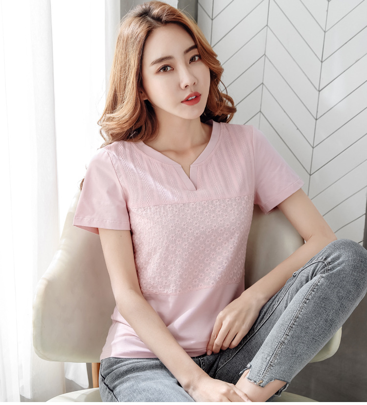 Solid Color T-shirt Female Summer Pink Short Sleeve Cotton Embroidered White Top plus Size Women's Clothing Factory Wholesale One Piece Dropshipping
