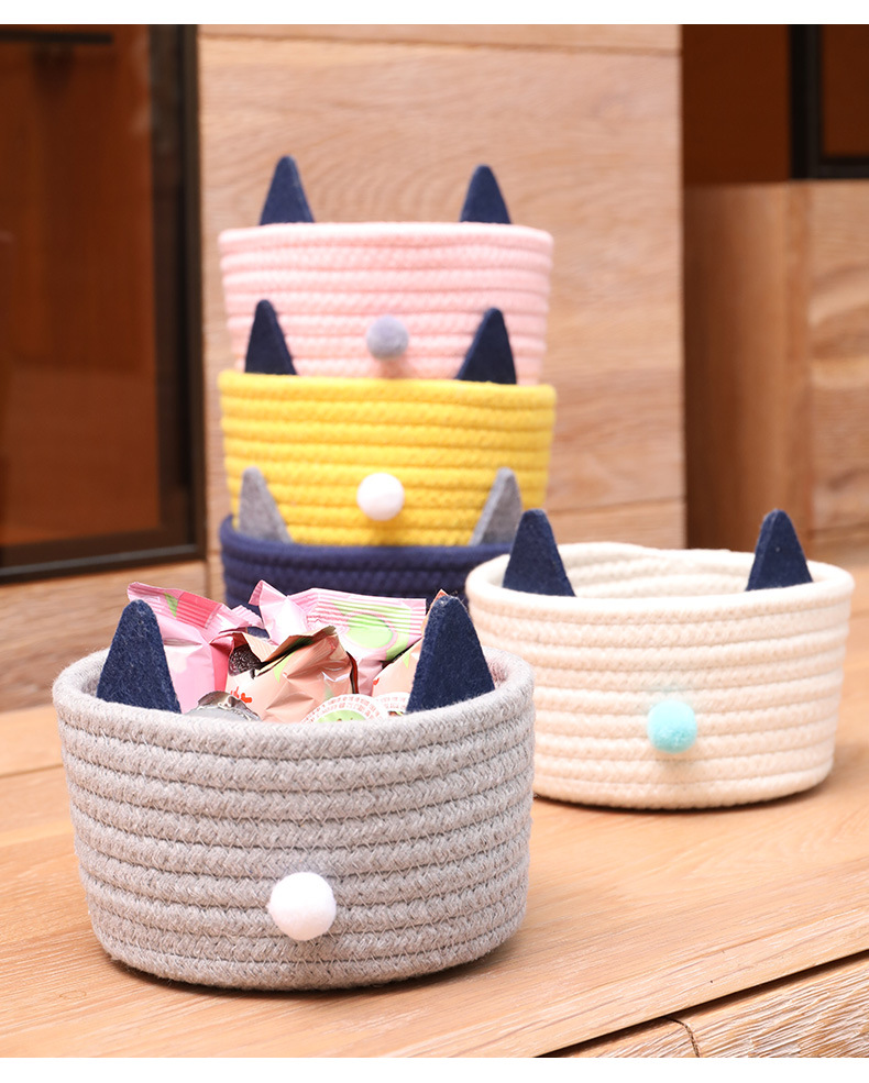ins棉绳收纳筐编织整理筐北欧风 棉线桌面杂物收纳筐猫耳朵收纳筐