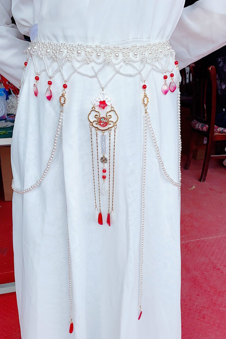 现货汉服古装汉服腰链古风长流苏珍珠白色腰饰唐风坦领齐腰襦裙饰