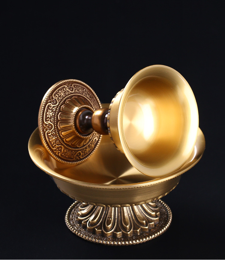 藏传佛教用品莲花护法杯尼泊尔密宗法器纯铜高脚圣水杯供佛杯中号