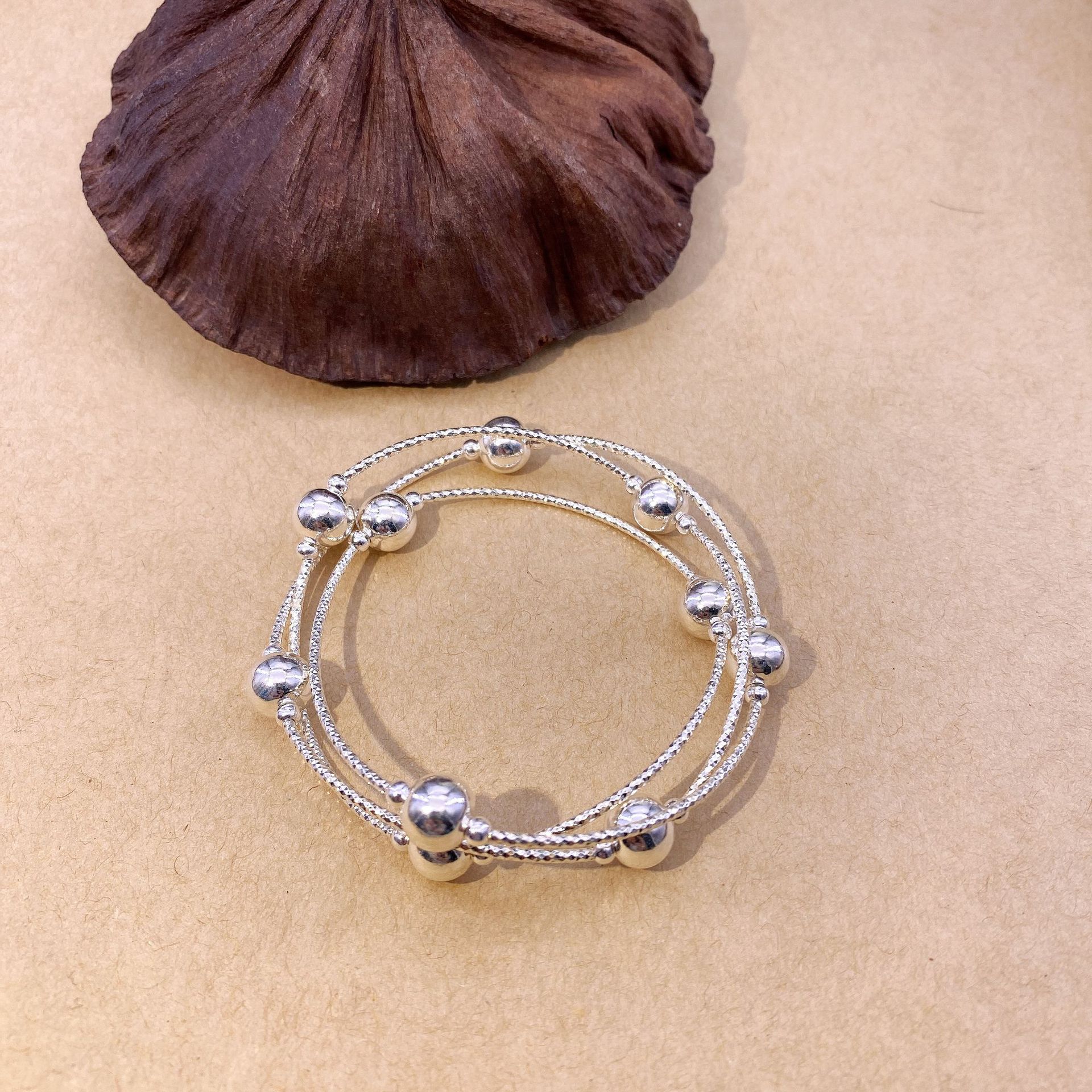 s925纯银车花弯管小球银珠子手链三圈银珠简约多圈原创diy串珠款