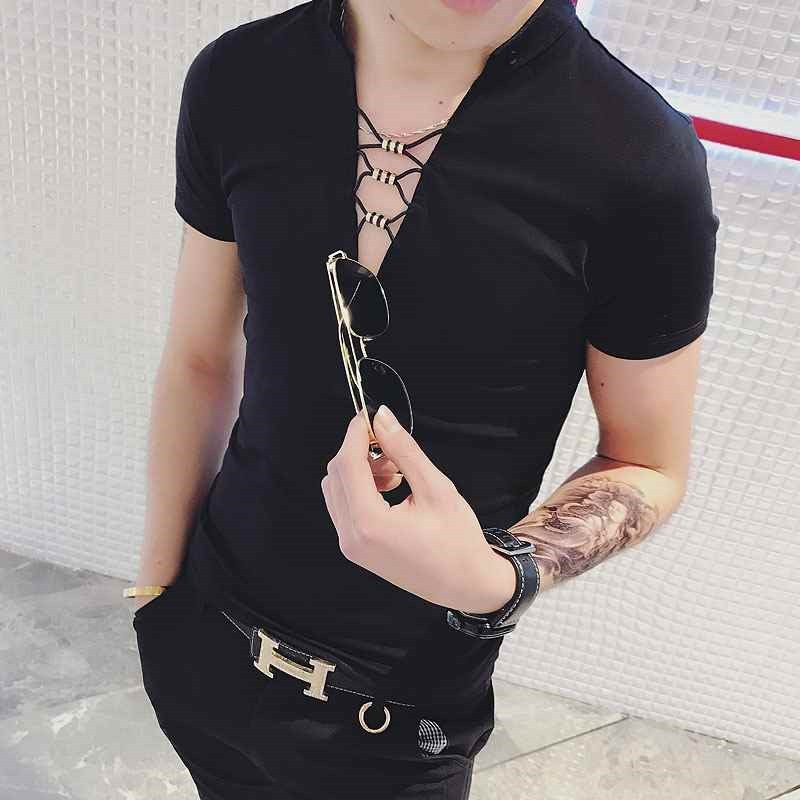 夏季夜场套装少爷发型师服装修身t恤绑带v领夜店帅气男模衣服短袖